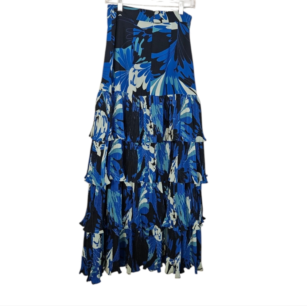 Cibon Women's Blue Floral Tiered Long Skirt Size S